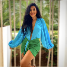 Load image into Gallery viewer, Cece Satin Bodysuit and Skirt Set in Blue/Green
