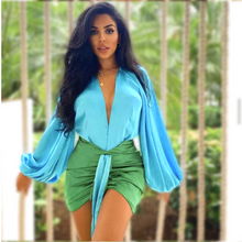 Load image into Gallery viewer, Cece Satin Bodysuit and Skirt Set in Blue/Green
