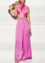 Load image into Gallery viewer, Kimma Sexy Two Piece Wide-Leg Pant and Wrap-Top Satin Set
