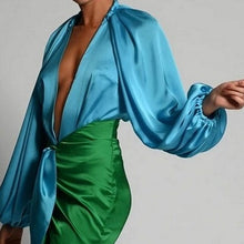 Load image into Gallery viewer, Cece Satin Bodysuit and Skirt Set in Blue/Green
